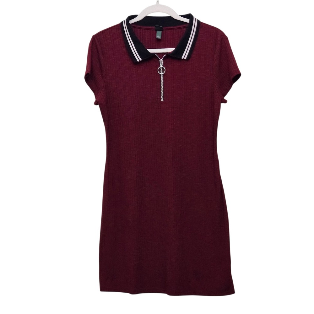 Wild Fable Burgundy Ribbed Zipper Polo Collar Short Sleeve Dress Women's M Y2k